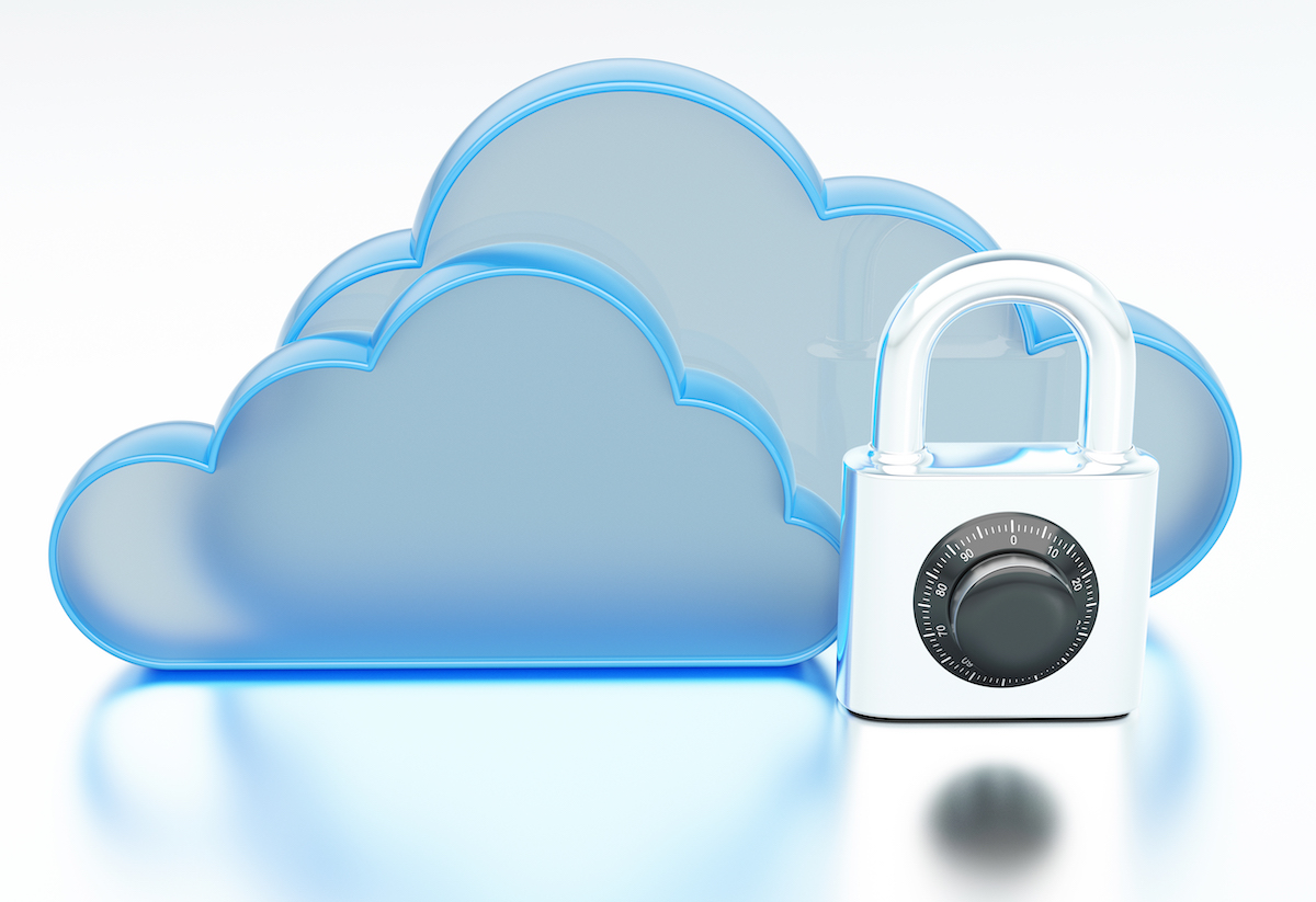 Blue clouds with combination padlock on white background. Azure Security and Shared Responsibility concept