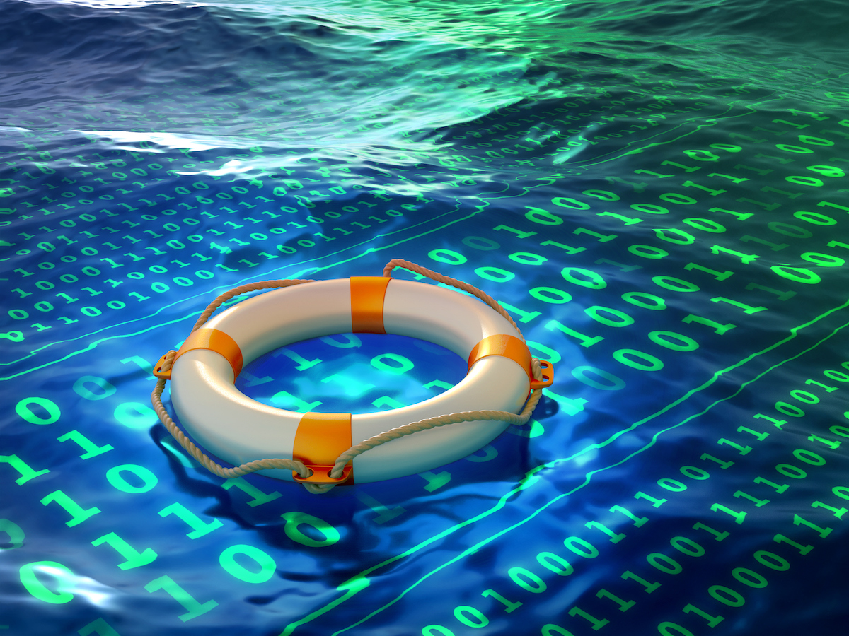 Lifesaver representing DRaaS floating on a sea of glowing binary code. Disaster Recovery.